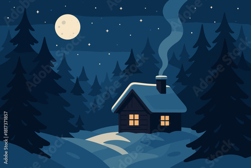 Glowing landscape scene vector cabin chimney moonlight forest shining moonlit illustration under