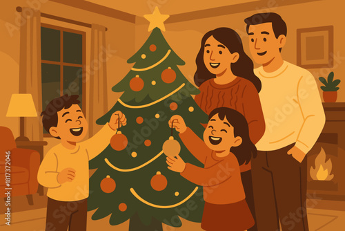 While festive glowing living hanging laughing family children illustration tree vector gathering