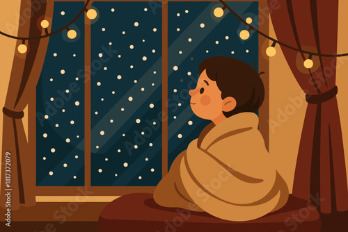 Tight child cozy vector softly winter window illustration watching wonder snowfall from
