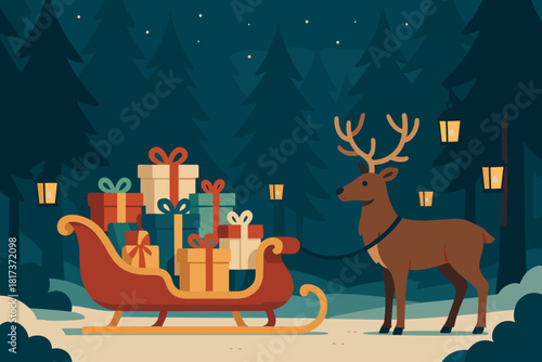 Beside presents forest vector christmas await reindeer illustration anticipation lanterns calm filled