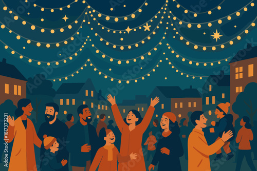 Night vector people atmosphere joyful lights holiday overhead festive illustration string square