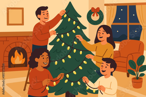 Warmth smiles surrounding decorating vector celebration festive tree twinkling illustration room full