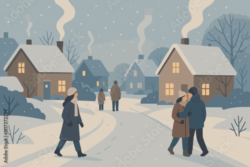 Chimneys people through snowy coats village from vector reflections winter air serenity