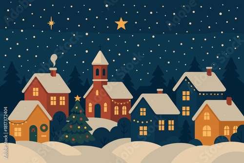 Glowing night decorations serenity small town silence vector christmas snowfall illustration gentle