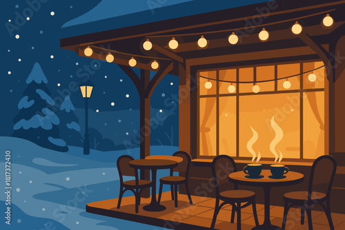 Vector surroundings street cozy illustration cafe terrace contrasting cold cups lit garlands