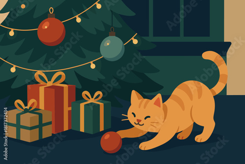 Ornaments quiet illustration reflecting peaceful feline vector fun tree charm festive cat