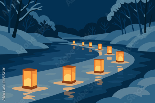 Glowing between vector illustration shimmering shadow geometric lantern winter softly frozen river