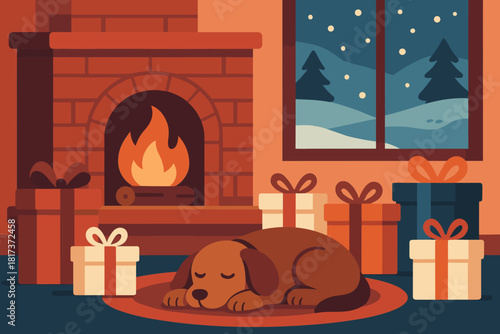 Sleeping vector christmas winter background illustration surrounded warm softly canine near cozy
