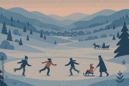 Distant snowy evening through serenity illustration glowing vector haze valley passing skating