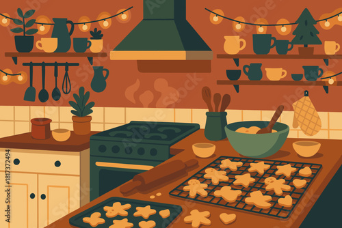 Festive kitchen cooling shelves filled vector lights delight scene baking along cozy