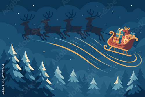 Gifts sleigh reindeer warmly s vector galloping illustration glowing magical following santa