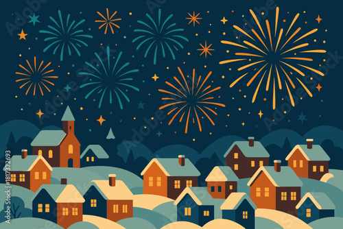 Shimmering light fireworks glowing sky display celebration vector above rooftops illustration beneath