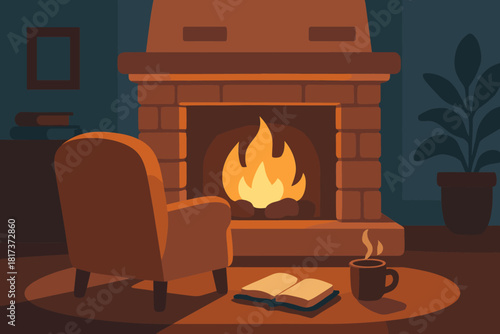 Cup facing light comfort vector evening cozy armchair fireplace hearth illustration glowing