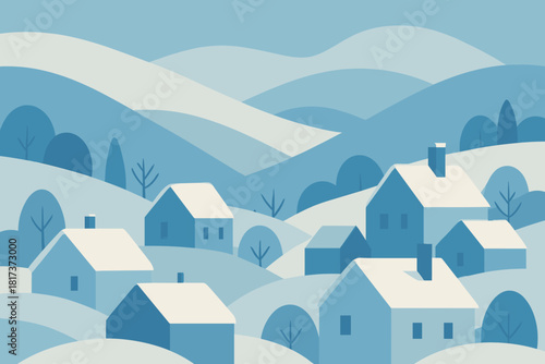 Minimalist vector snow blues whites village illustration limited calm winter abstraction rooftops
