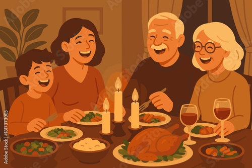 Across delicious festive table family vector warm dinner gathered illustration candles love