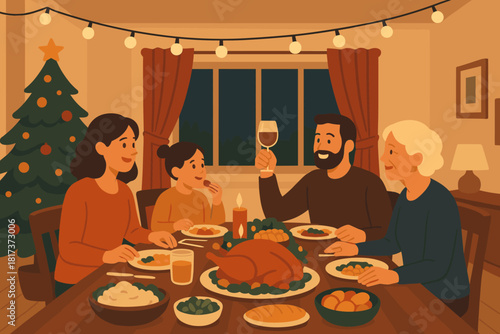 Vector between holiday table dinner softly strung harmony food illustration lit joyful