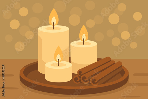 Tray vector candlelit soft background holiday lights sticks blurred twinkling wooden serenity