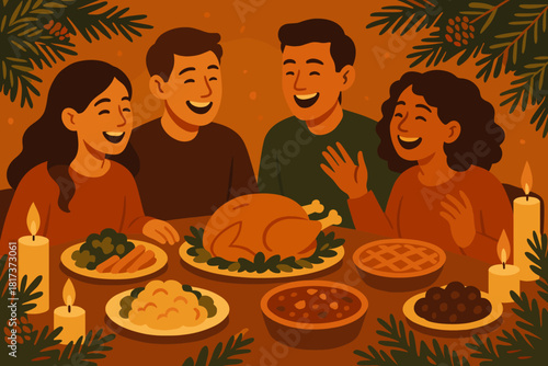 Holiday vector branches ambient light surrounded festive dining candles spreading through illustration