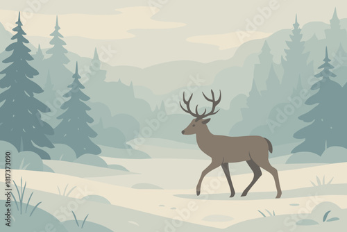 Vector peaceful illustration mist subtle quiet through winter meadow walking tones snowy