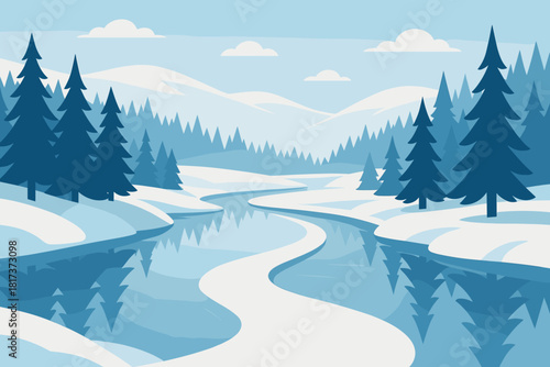 Winding minimal frozen mirrored trees vector serenity winter river composition illustration reflections