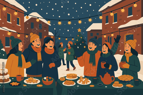 Joy illustration vector festive laughing people warm winter chill courtyard between treats