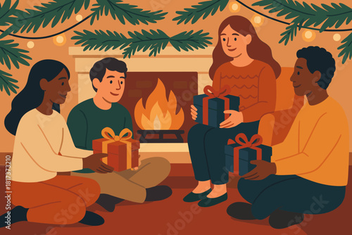 Gifts gift vector lights exchanging warmth sitting pine exchange illustration festive interior