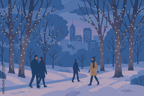 Blanketed tones walking stroll park fairy vector lights cool city illustration trees