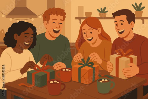 Unwrapping mugs cheerful exchange illustration gift cocoa gifts festive vector nearby friends