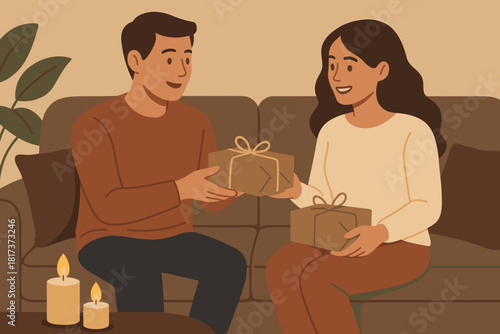 Gifts gift couple sofa cozy paper exchange swapping wrapped illustration vector nearby
