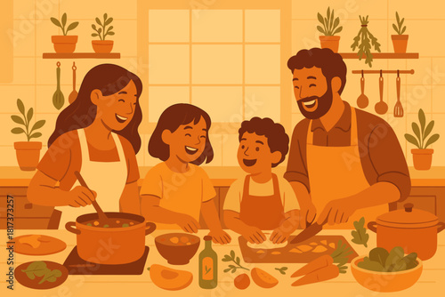 Laughter kitchen herbs together filling ingredients family cozy vector reflecting cooking illustration