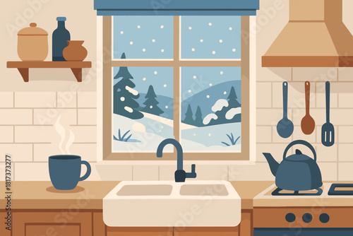 Forming garden kitchen cozy tea scene visual cup balance sill serenity vector