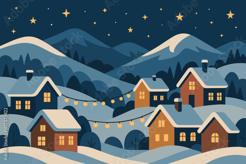 Snowy rooftops lights warmly vector connecting village scene stars covered illustration mountain