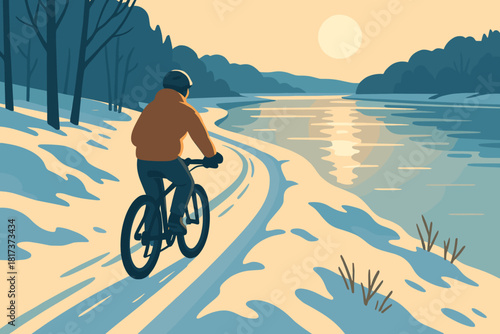 Riding peaceful balance cyclist trail illustration motion reflecting snowy vector river ice