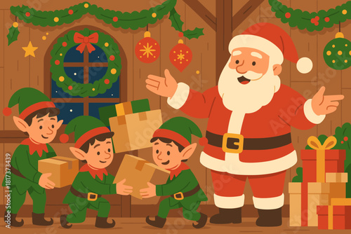Wooden cheerful illustration brightening vector around s decorations workshop teamwork structure santa