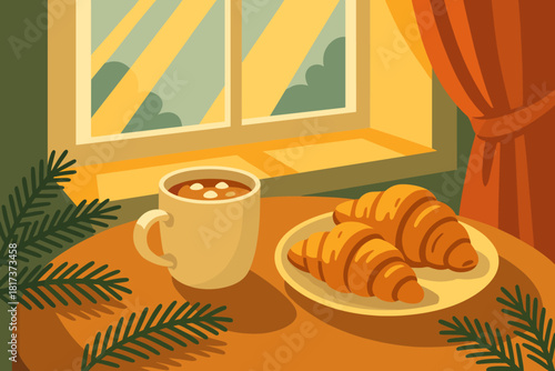 Sunlight illustration window filled peaceful vector cocoa table morning pine warmth holiday