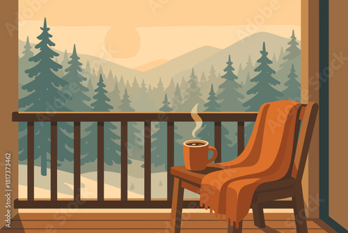 Snowy serene mist through vector cup illustration sun rising winter cocoa balcony