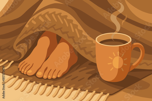Illustration vector morning cozy warm wrapped serenity relaxation shadows wool sun tea