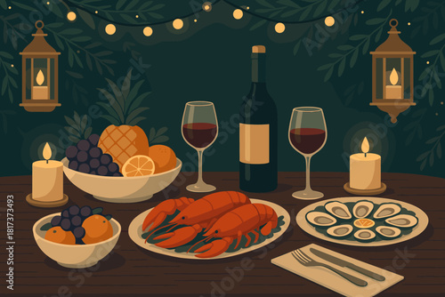 Lanterns table elegant soft light fruits seafood vector warmth new year illustration