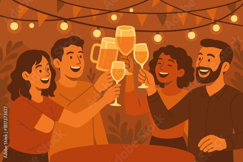 Vector warm glasses captured garlands palette gathering people joyful illustration illuminating celebration