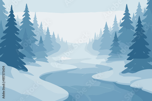 Winding light rising blue snowy vector illustration soft river frozen mist pine