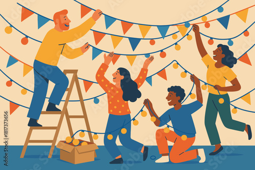 Dynamic joyful shared garlands full celebration decorating composition illustration color room vector