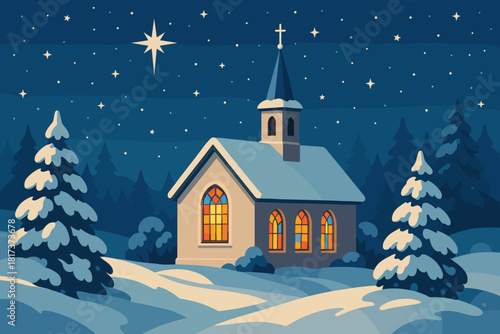Peaceful illustration windows landscape snowy shining vector under christmas celebration church