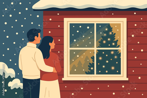 Vector standing lights togetherness tree moment illustration reflection admiring winter cozy peace