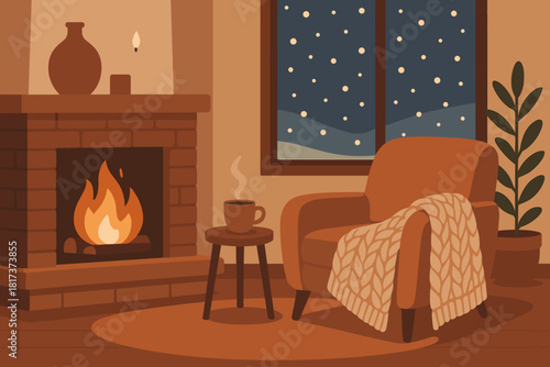 Vector living cup comfort steaming scene room winter outside illustration knitted beside