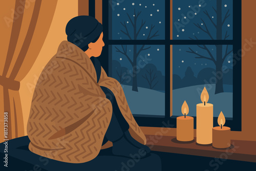 Glow atmosphere peaceful flickering blanket illustration sitting cozy vector winter near filled