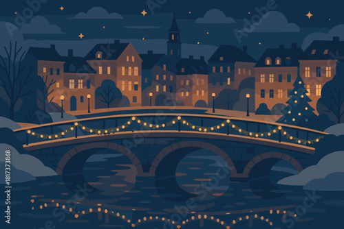 Lights riverside celebration river calm draped festive evening illustration vector bridge full