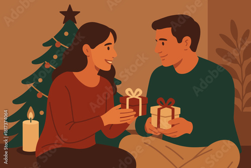 Near decorated intimacy illustration shared vector candlelight sitting exchange couple faces gift