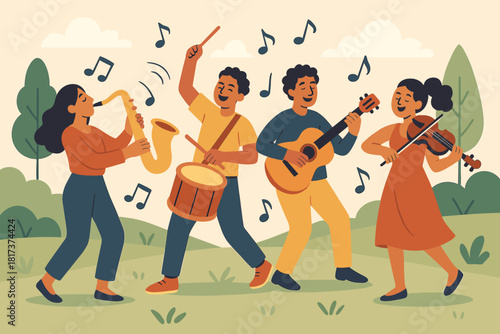 Motion musicians small joyful music illustration instruments implied creative energy group vector