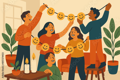 Interior bright smiling decoration plants gathering composition together people joyful vector illustration