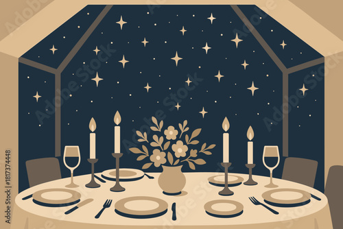 Starry celebration festive elegance vector skylight under dinner composition echoing table illustration